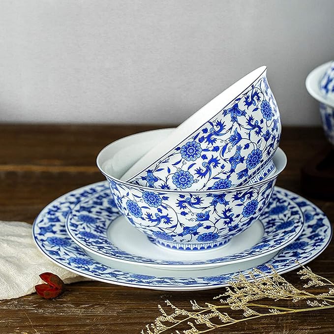 Dinnerware Set Dinner Party Tableware Service Set Ceramics Dinner Sets, 26 Pieces Blue and White Porcelain Dinnerware Set | Gift Box Steak Plate Cereal Bowl and Soup Bowl,