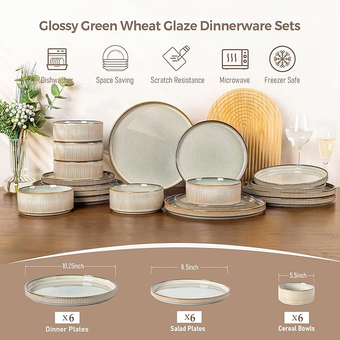 GBHOME 18-Piece Stoneware Dinnerware Set for 6 – Ribbed Ceramic Plates and Bowls, Scratch-Resistant, Microwave & Dishwasher Safe, Reactive Glaze, Mist Green