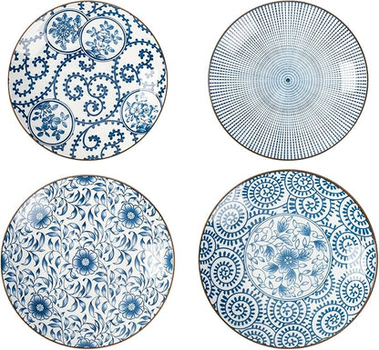 TJ Global Set of 4 Japanese Pottery Ceramic 6.8 Inch Plates for Any Meal and Dish, Japanese Dinnerware and Tableware with Traditional Blue Design