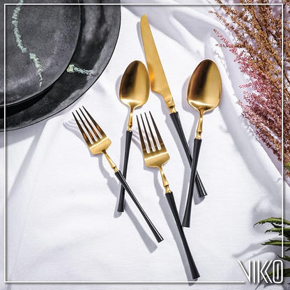 Vikko Decor Vintage Silverware Set: Unique Brushed Black and Gold Silverware- Luxury 18/10 Stainless Steel Flatware - Satin Matte Cutlery Set for Upscale Dining - 20 Piece Set - Service for Four (4)