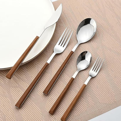 30pcs Wood Handle Flatware Set, Stainless Steel Cutlery Set Include Knife/Fork/Spoons, Mirror Polish, Service for 6 (Brown Silver)