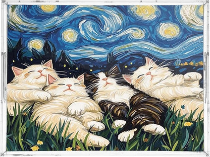 Serving Tray with Handles Clear Acrylic Tray 12x16 Inch Decorative Rectangular Tray Organizer for Ottoman Coffee Table Bathroom Starry Night Floral Ragdoll Cats Cartoon