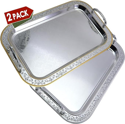(Pack of 2) 16.5 inch x 11.8 inch Oblong Chrome Plated Serving Tray with Handles Stylish Design Floral Engraved Iron Gold Edge Decorative Party Wedding Buffet Wine Platter Plate FST-012