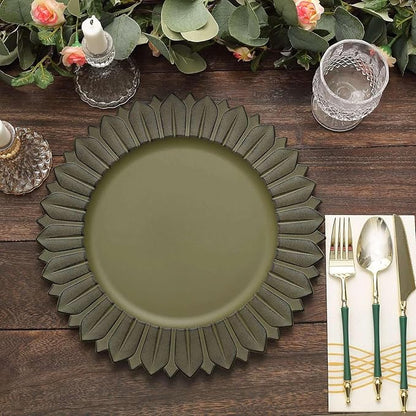 13" Charger Plates - Set of 24 - Matte Olive Green Sunflower Plastic Chargers, Disposable Round Acrylic Serving Trays For Dinner Wedding Party Events