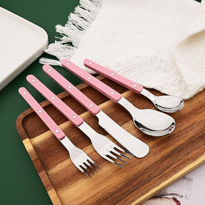 20 PCS Stainless Steel Flatware Set for 4, Silverware Set with Colored Handles, Retro Style Forks Spoons and Knives Set, Vintage Eating Utensils, Pink Acrylic Handle with Rivets Design