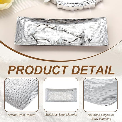 uxcell Decorative Tray, 5.7x2.7 Stainless Steel Rectangular Glossy Serving Tray with Streak Grain Pattern for Dessert Napkin Towel Candle Jewelry Bathroom Platter, Stackable, Silver