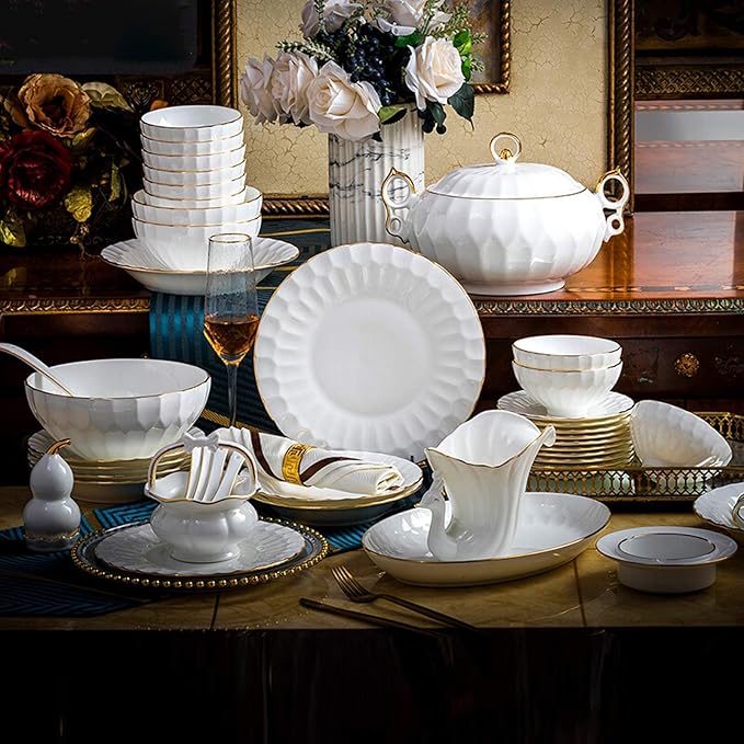 Fine Dinner Set,Dinner Plate Ceramics Dinner Set, 50 Pieces Pure White High-Grade Bone China Dinnerware Sets