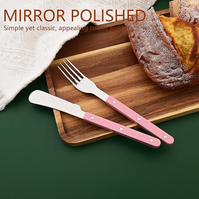 20 PCS Stainless Steel Flatware Set for 4, Silverware Set with Colored Handles, Retro Style Forks Spoons and Knives Set, Vintage Eating Utensils, Pink Acrylic Handle with Rivets Design