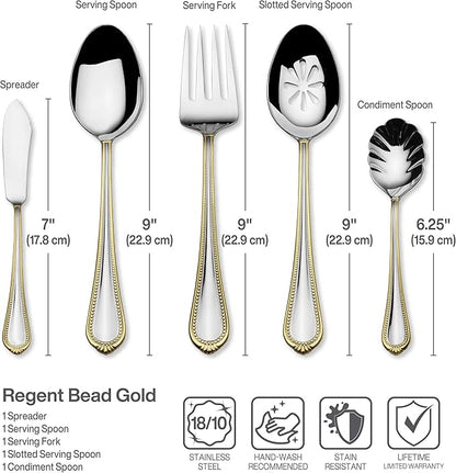 Mikasa, Gold Accent Regent Bead Flatware Service for 12, 65 Piece Set, 18/10 Stainless Steel, Silverware Set with Serving Utensils (Pack of 2)
