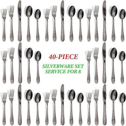 40PCS Black Silverware Set for 8, 18/10 Stainless Steel Flatware for 8, Elegant Honeycomb Design Tableware Cutlery Include Knife/Fork/Spoon Service for 8, Mirror Polished, Dishwasher Safe (Black)…