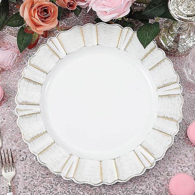 Efavormart 13" Charger Plates - Set of 12 - White Round Acrylic Disposable Charger Plates with Gold-Brushed Wavy Scalloped Rim, Ideal for Wedding Dinner Party Bulk Events Tabletop Decor