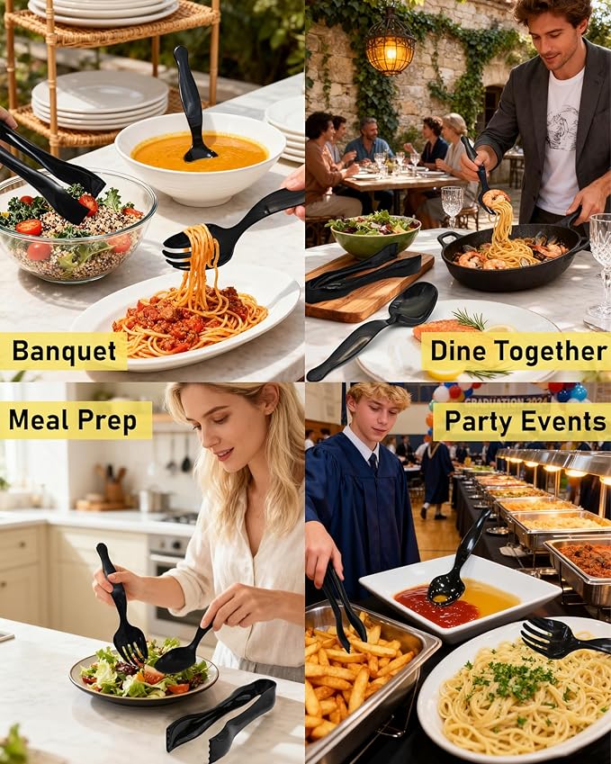 Plastic Serving Utensils 36PCS, Disposable Serving Utensils for Buffets Events Parties - 12 Sets of Heavy Duty Plastic Serving Spoons, Forks, Tongs for Wedding/Birthday/Catering Events (Black)