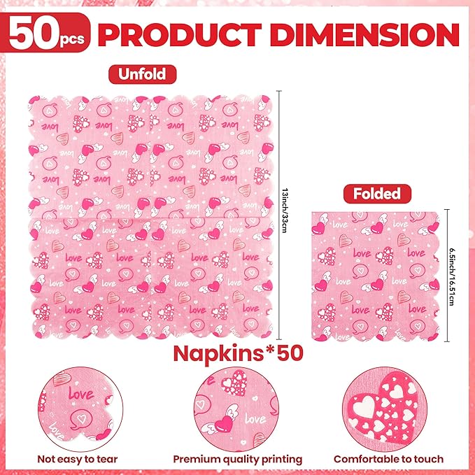 50Pcs Pink Love Heart Scalloped Paper Napkins - Valentine's Day Dinner Napkins Disposable Heart Themed Party Supplies for Valentine's Day Birthday Wedding Decoration