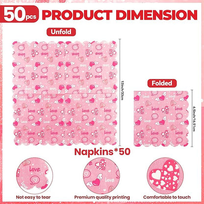 50Pcs Pink Love Heart Scalloped Paper Napkins - Valentine's Day Dinner Napkins Disposable Heart Themed Party Supplies for Valentine's Day Birthday Wedding Decoration