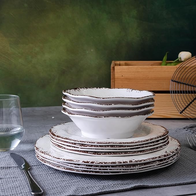 LEHAHA Vintage White Melamine Dinnerware set-12 Piece Lightweight Unbreakable Outdoor Camper Plates/Dishes and Bowls Set, Service for 4, Dishwasher Safe…