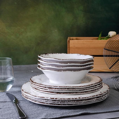LEHAHA Vintage White Melamine Dinnerware set-12 Piece Lightweight Unbreakable Outdoor Camper Plates/Dishes and Bowls Set, Service for 4, Dishwasher Safe…