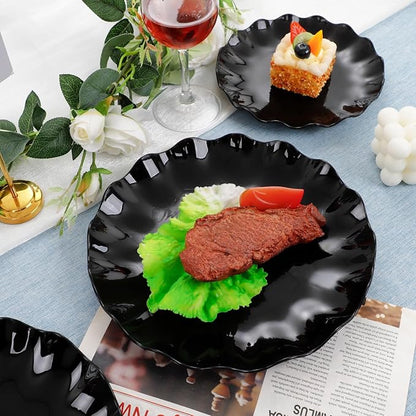 LIYH 24 Pcs Black Reusable Plastic Plates – Unbreakable Camper Dishes, Dishwasher Safe Dinner Plate Dessert Plates, Scalloped Design - Ideal for Parties, Picnics 12Guests