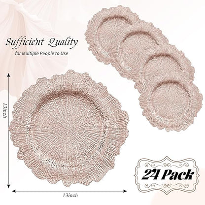24 Pack Rose Gold Charger Plates Bulk, 13" Plastic Reef Chargers for Dinner Plates, Round Charger Plate with Floral Reef Design for Dinner Wedding Party Table Setting Decoration
