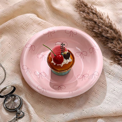 Koythin Ceramic Dessert Plates, Cute Pink Dish Bow Salad Plates for Home Party Restaurant, Round Kitchen Plates, Microwave and Dishwasher Safe (Pink Plate Bow)
