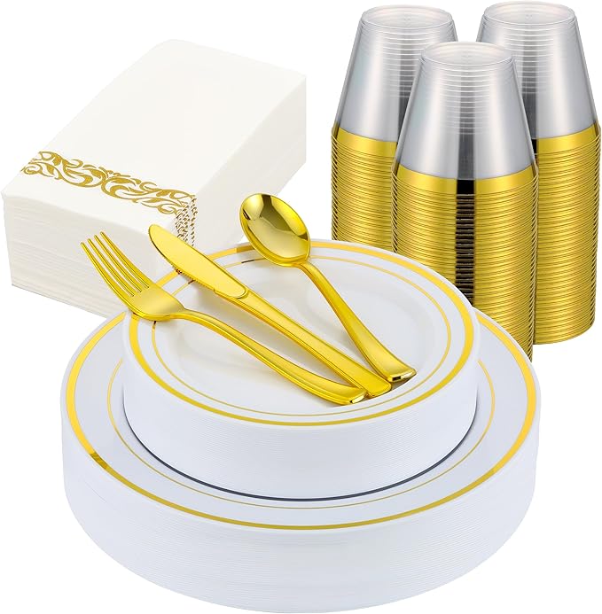 350 PCS Gold Plastic Dinnerware for 50 Guests, Gold and White Plastic Disposable Plates, 50 Dinner Plates, 50 Dessert Plates, 50 Silverware Set, 50 Cups, 50 Napkins for Party