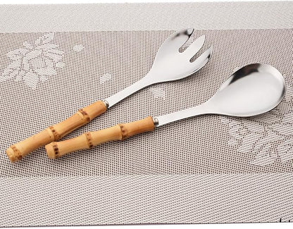 Gugrida Flatware Silverware Serving Set Silver Stainless Steel Hostess Serving Utensil Set with Bamboo Handle Dishwasher Safe, 2 Serving Spoon 2 Serving Fork