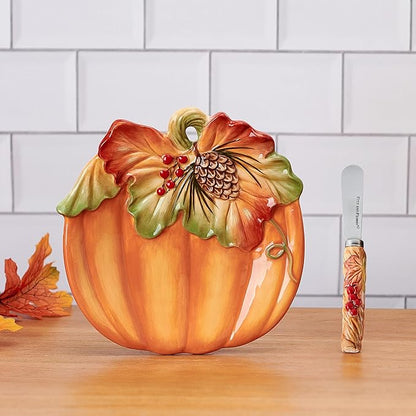 Fitz and Floyd Fall Harvest Pumpkin Snack Appetizer Plate with Spreader Set, 7 inch