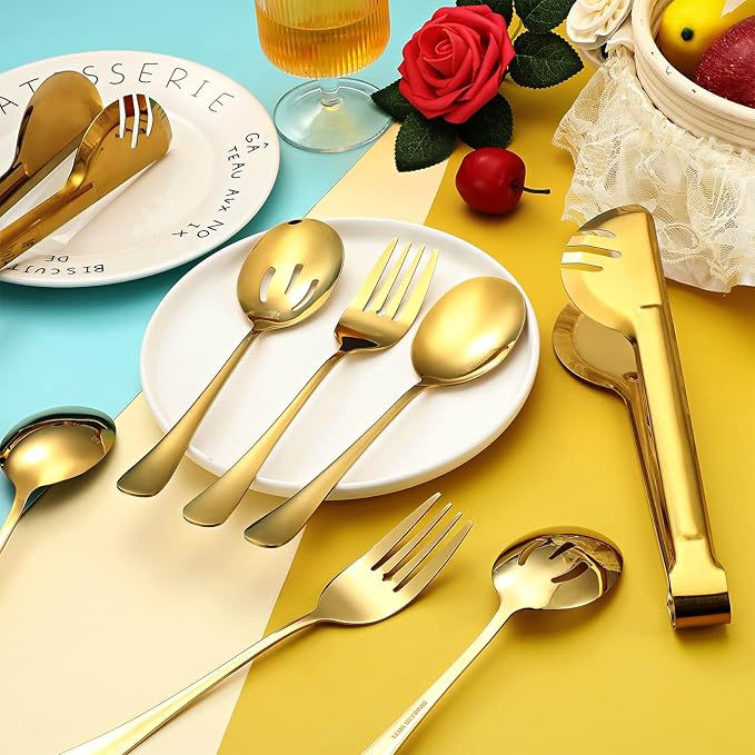 Patelai 15 Pcs Gold Stainless Steel Serving Utensils Set 8.7" Large Spoons and Slotted Spoon 9.45" Tong 9" Forks Flatware Wedding Valentine's Day Holiday Party Buffet Banquet Cooking Kitchen Catering