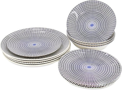 TUDOR ROYAL Porcelain 16-Piece Round Dinnerware Set, Service for 4, Singapore Blue Design, Blue Radial, Plates Bowls Mugs Dishes, Premium Quality Ceramic Tableware, Unique Pattern, Glossy