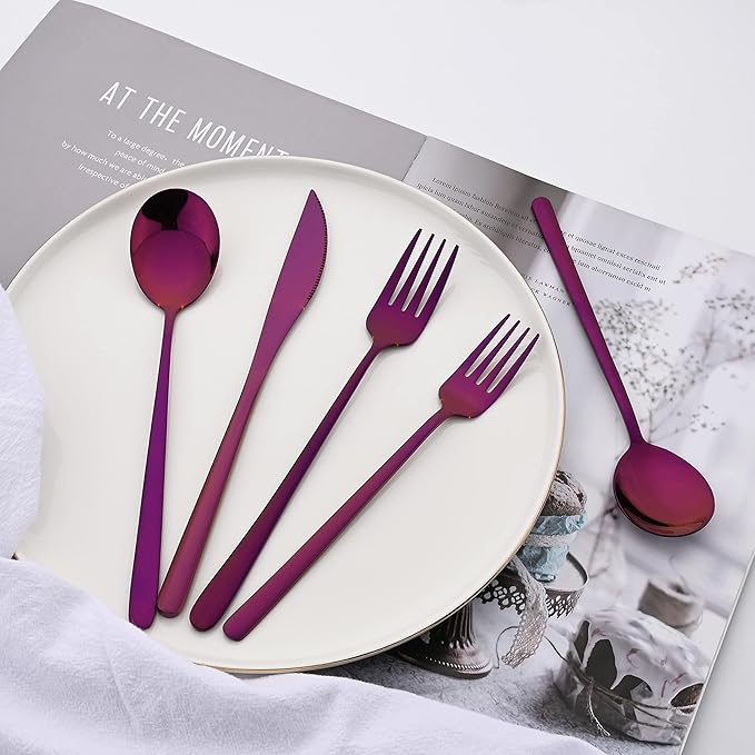 30 Pieces Silverware Set, Purple-Flatware Cutlery Set Service for 6, 18/8 Stainless Steel Tableware Eating Utensils for Home/Hotel/Restaurant, Mirror Polished, Dishwasher Safe