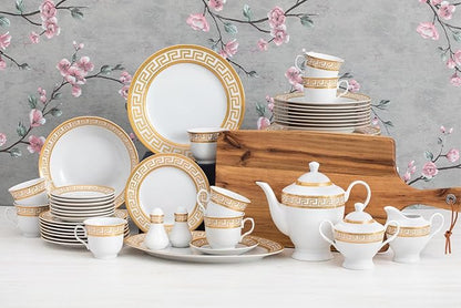 Vintage Dinnerware Set for 8-57 Piece Porcelain Dining Set - Gorgeous White and Gold Greek Key Design - Plates, Bowls, Cups and Saucers - For Everyday Use and Special Events (Meander Gold 2057)