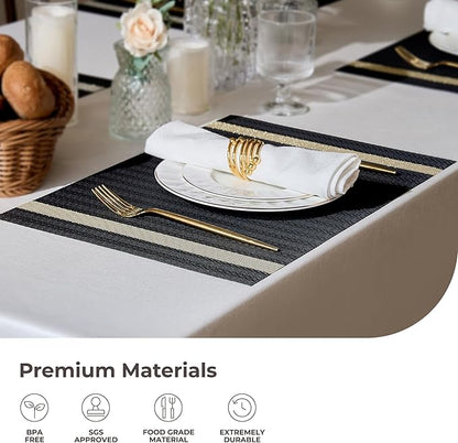 Leetaltree Sparkling Black Vinyl Woven Placemats Set of 12 - Washable Dining Table Place Mats Striped, Suitable for Wedding, Anniversary, Daily Use