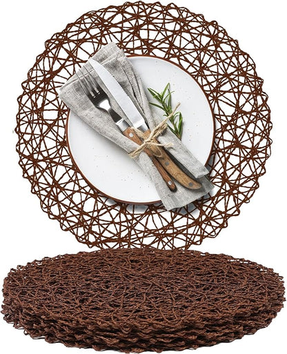 AHHFSMEI Paper Braided Round Placemats Set of 6 Natural Non-Slip Heat Resistant Table Mats for Dining Tables Woven Indoor & Outdoor Place mats(Coffee)