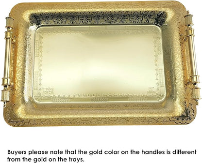 (Pack of 2) 15.7 inch x 11 inch Oblong Iron Gold Plated Mirror Serving Tray with Handles Floral Engraved Decorative Party Birthday Dessert Wine Decor Platter Plate Base Dish NC-014