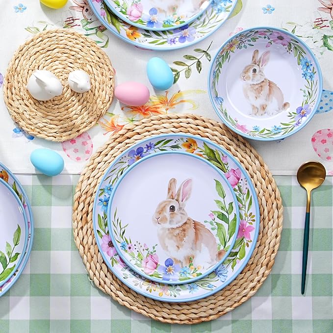 12PCS Melamine Dinnerware Set, Bunny & Floral Outdoor Dinnerware Set for 4, Unbreakable Easter Plates and Bowls for Camping, Patio Dining, Family Meals, Ideal for Rabbit Lovers & Home Decor
