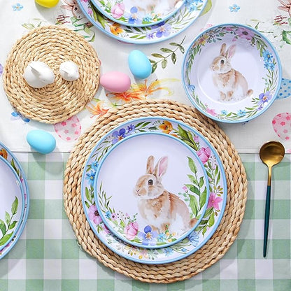 12PCS Melamine Dinnerware Set, Bunny & Floral Outdoor Dinnerware Set for 4, Unbreakable Easter Plates and Bowls for Camping, Patio Dining, Family Meals, Ideal for Rabbit Lovers & Home Decor
