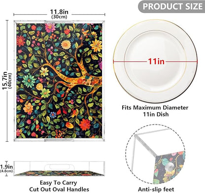 Serving Tray with Handles Clear Acrylic Tray 12x16 Inch Decorative Rectangular Tray Organizer for Ottoman Coffee Table Bathroom Tree of Life Floral Leaves Black