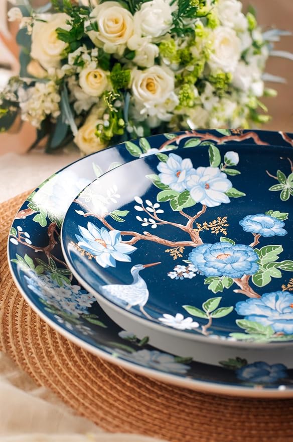 222 Fifth 12-Piece Porcelain Dinnerware Set for 4, Luxury White & Bohemian Blue Plates and Bowls Set, Glossy Ceramic Dish Set with Detailed Floral, Microwave & Dishwasher Safe Dishes, Nightingale