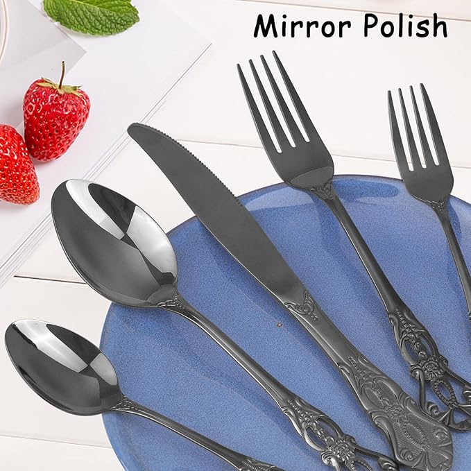 Retro Royal Black Silverware Set With Gift Box, 60-Pieces Cutlery Set Utensils Stainless Steel Flatware For 12 MIKIWAY Kitchen Tableware Set For Gifts Festive, Dishwasher Safe, Mirror Polishing