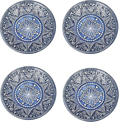 Sungmor Embossed Stoneware Fine Dining Dinnerware, Antique Baroque Style Porcelain 4 Inch Soy Saucer Dish, Set of 4 Sophisticated Ceramic Dipping Bowl, Appetizer Dessert Plate, Ketchup, Spices Bowl