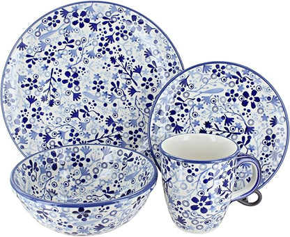 Blue Rose Polish Pottery - Blue Darcy 16 Piece Dinner Set - 4 Place Settings - Great for Everyday Dining, Casual Dining, or as Formal Dinnerware