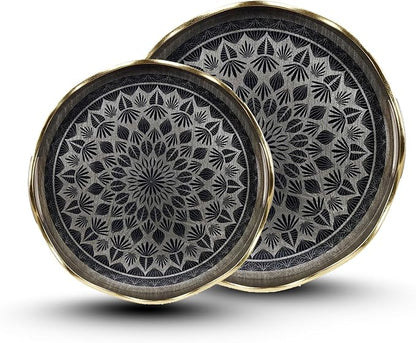 Round Serving Tray with with Handles Antique Look & Stylish Design Decorative Trays for Kitchen Round Ottoman Tray for Dinning Living Room & Home Decor Pack of 2 (Silver-Gold)
