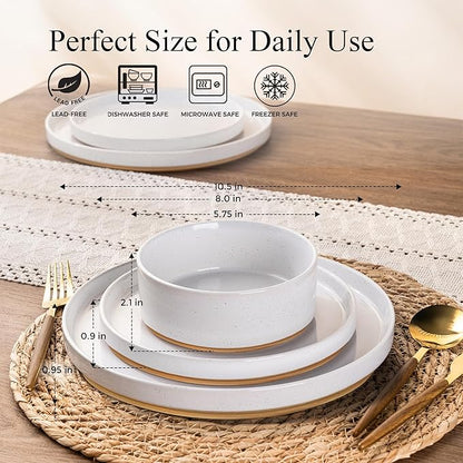 AmorArc Ceramic Dinnerware Set for 8 | Speckled Stoneware Plates and Bowls with Rustic Terracotta Underside| Scratch Resistant,Dishwasher & Microwave Safe Dishes Sets- 24pcs White