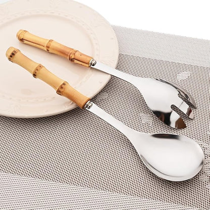 Gugrida Flatware Silverware Serving Set Silver Stainless Steel Hostess Serving Utensil Set with Bamboo Handle Dishwasher Safe, 2 Serving Spoon 2 Serving Fork