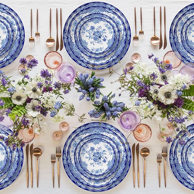 Bone China Dinnerware Set 20pcs, Ceramic Dinner Plates Set of 4, Round Tableware, Service for 4, Dishwasher Safe, Blue and White Porcelain
