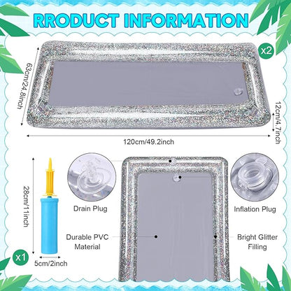 8 Pcs Glitter Inflatable Serving Bar Kit Includes 2 Salad Buffet Tray with Drain Plug 5 Mesh Food Cover 1 Inflator Inflatable Food Drink Containers for Outdoors Pool Party Camping(Silver)