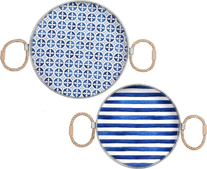 Round Serving Tray – Santorini Collection Set of 2 Decorative Trays – Blue and White Ottoman Tray with Natural Jute Handles – Galvanized Iron Trays for Coffee Table, Liquor Display, Decor
