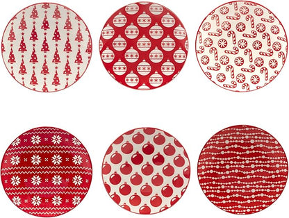 Certified International Peppermint Candy 6" Luncheon/Canape Plates, Set of 6 Assorted Designs, Multicolor, Small