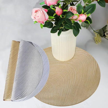 FAVE Golden Round Placemats Vinyl Slip Resistant Table Mats Set of 6 Washable Vinyl Hollowout Textures Placemats for Dining Table Durable PVC Table Mats（15 x15,Gold）