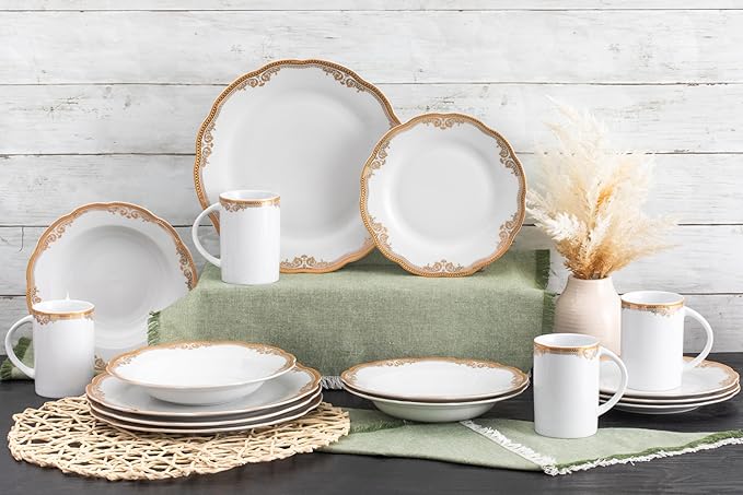Dinnerware Set for 4 - White with Gold Floral Vintage Design - Porcelain Dish Set Tableware Setting with Mug for Every Day Use or Formal Occasions (Floral 2016, 16 PIECE SET)