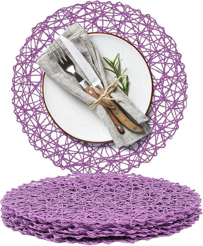 AHHFSMEI Paper Braided Round Placemats Set of 6 Natural Non-Slip Heat Resistant Table Mats for Dining Tables Woven Indoor Outdoor Place mats(Purple)